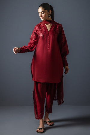 Maroon Floral Embroidered Cotton Silk Salwar Kameez (3-Piece) - Image 2