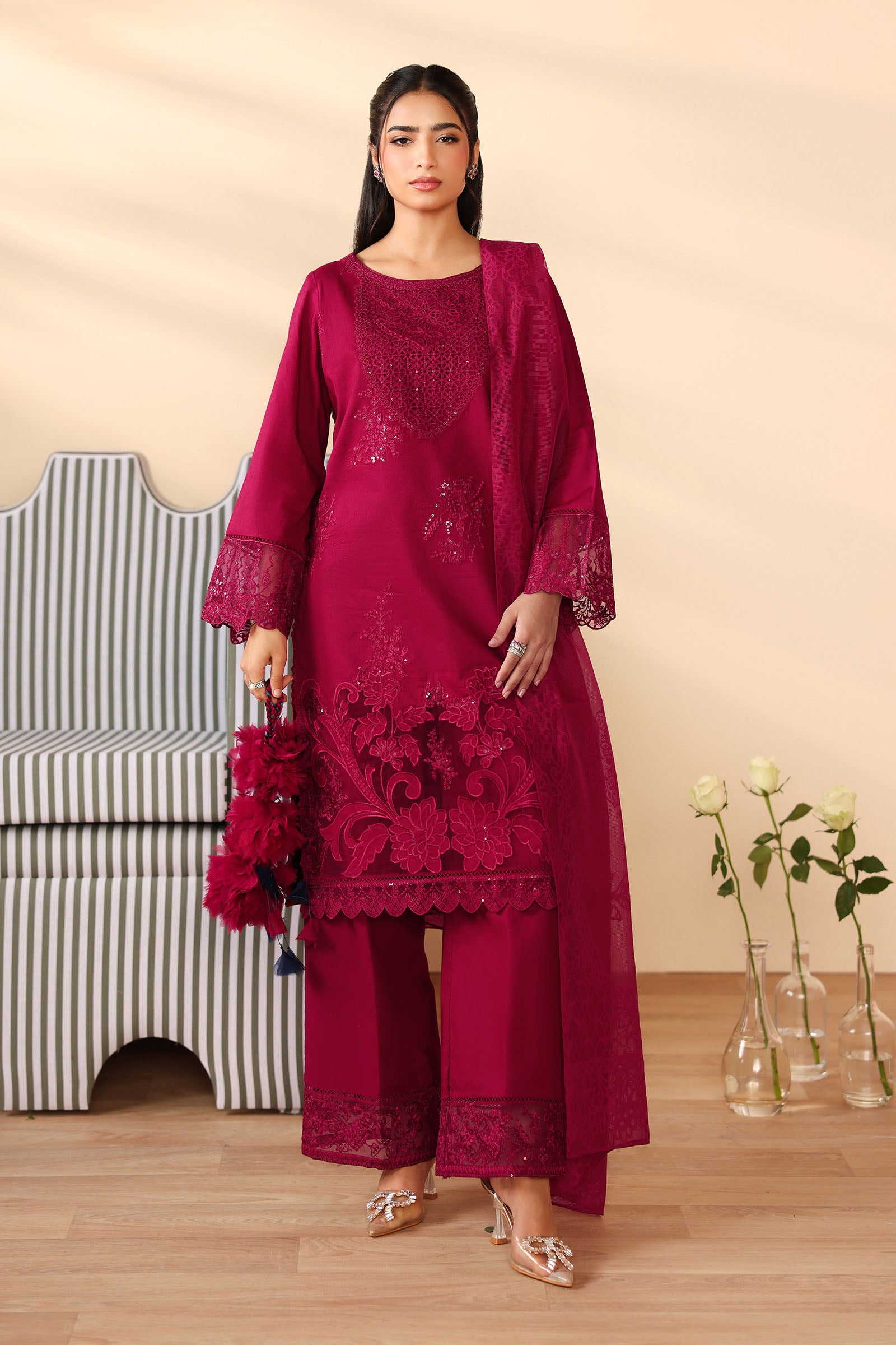 Maroon Embroidered Dobby 3-Piece Suit - Image 1