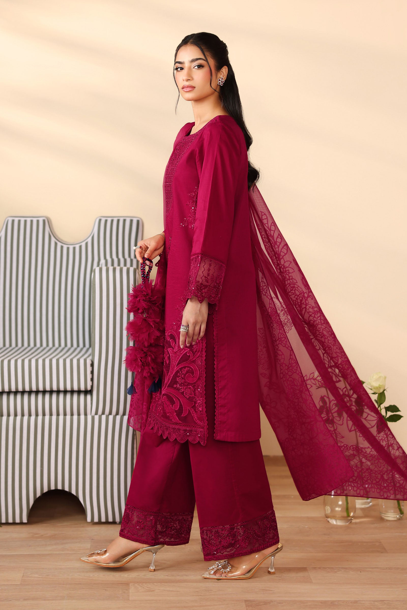 Maroon Embroidered Dobby 3-Piece Suit - Image 3