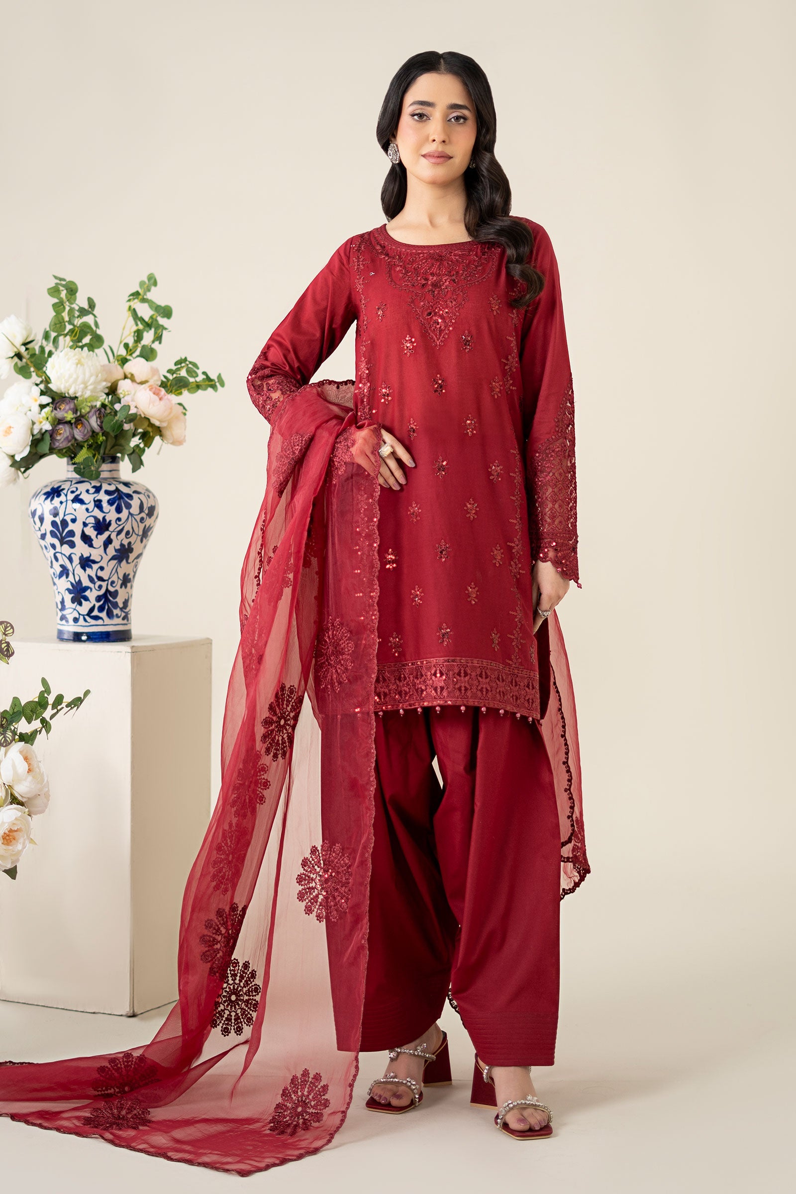 Pakistani Maroon Embroidered Dobby Salwar Kameez (3-Piece) - Image 1