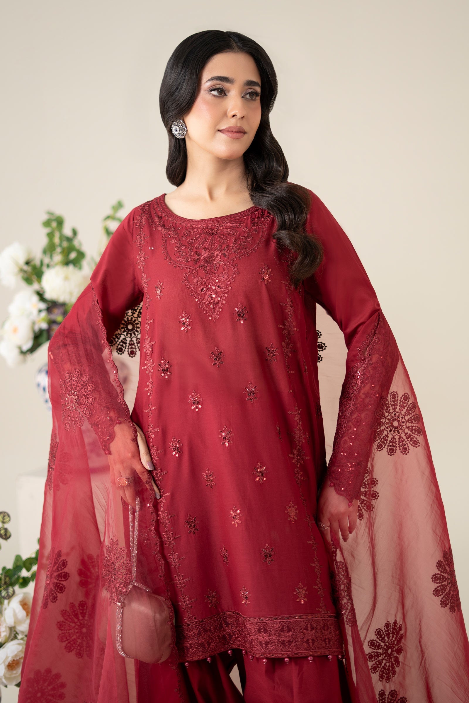 Pakistani Maroon Embroidered Dobby Salwar Kameez (3-Piece) - Image 2
