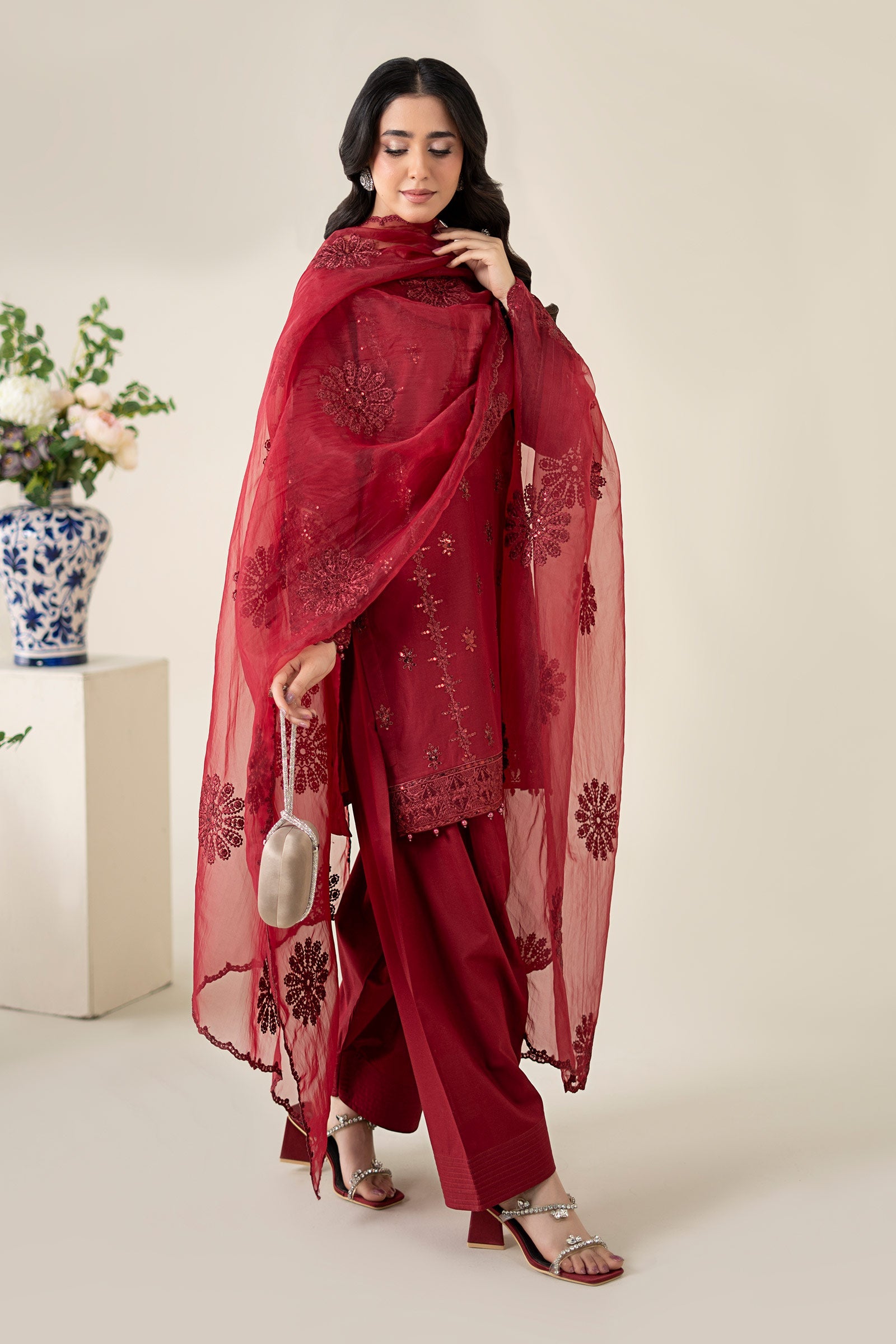 Pakistani Maroon Embroidered Dobby Salwar Kameez (3-Piece) - Image 3