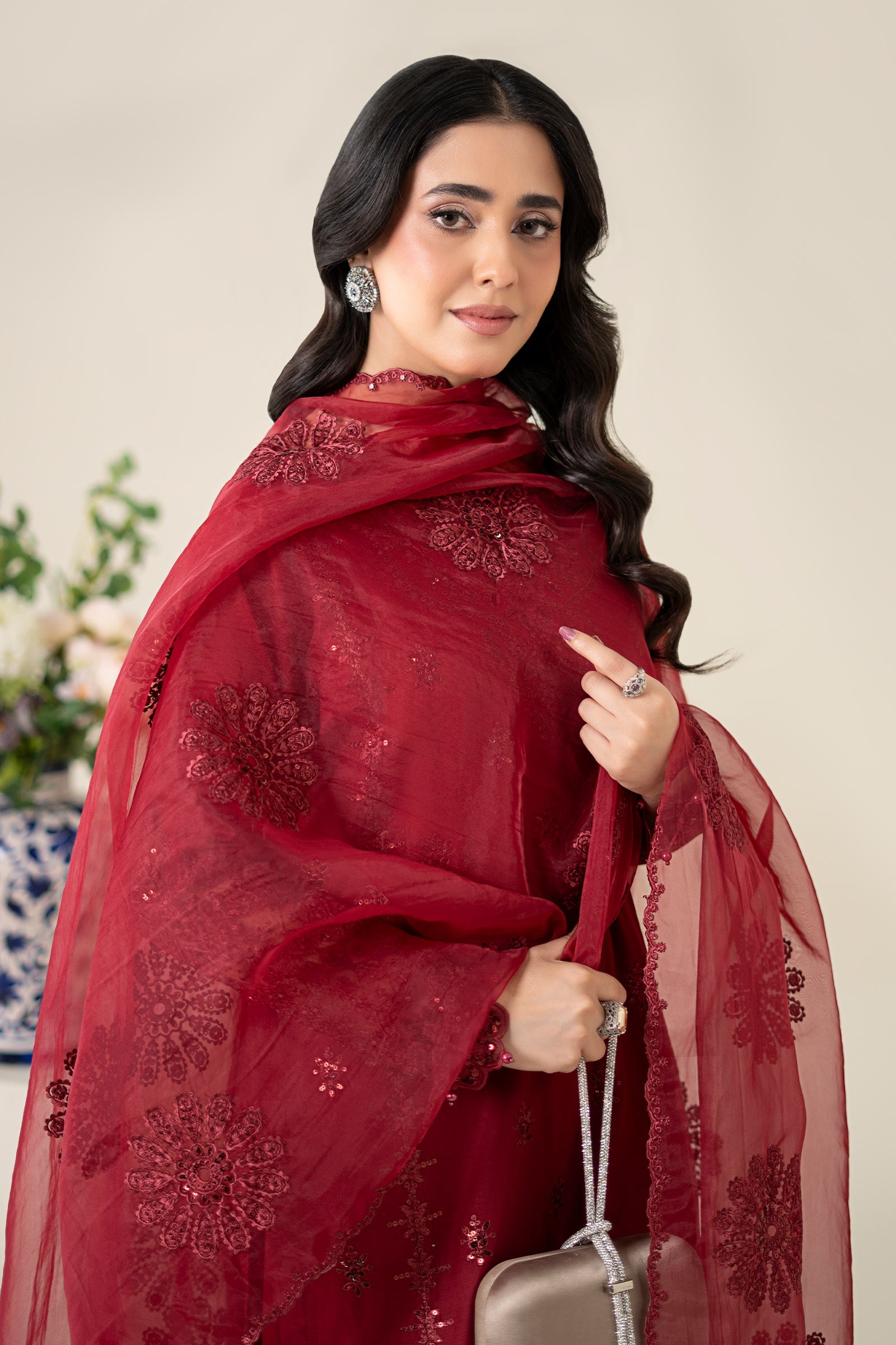 Pakistani Maroon Embroidered Dobby Salwar Kameez (3-Piece) - Image 4