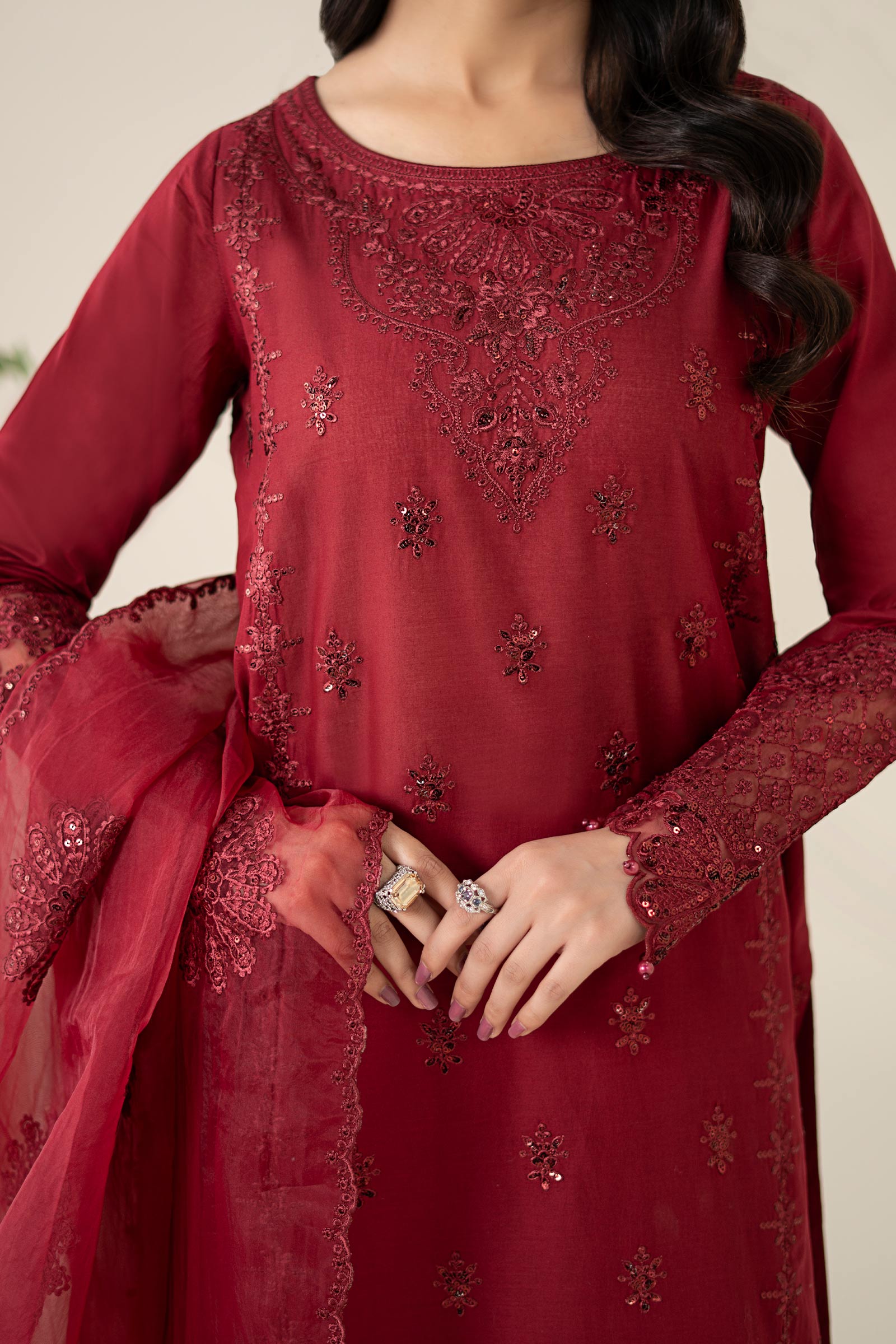 Pakistani Maroon Embroidered Dobby Salwar Kameez (3-Piece) - Image 5