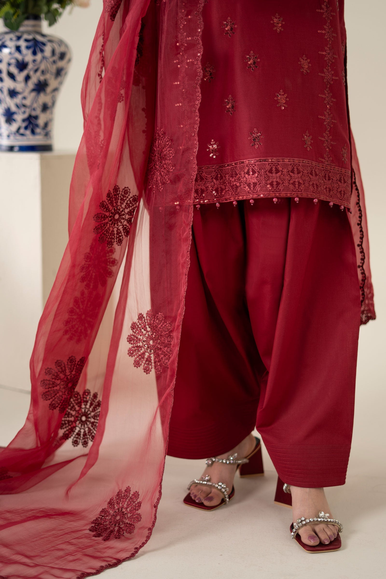 Pakistani Maroon Embroidered Dobby Salwar Kameez (3-Piece) - Image 6