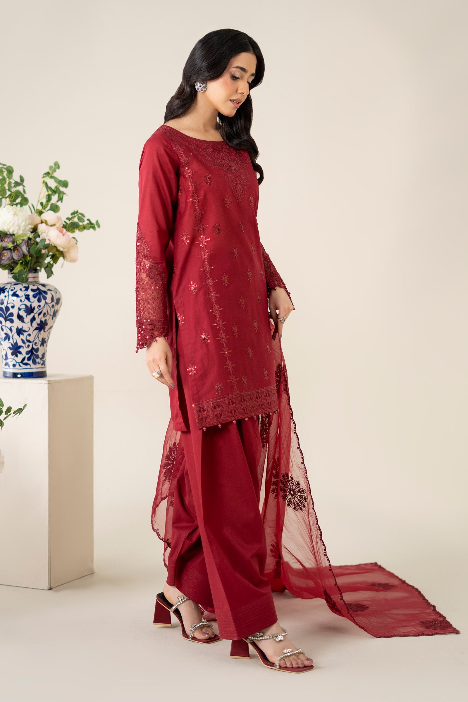 Pakistani Maroon Embroidered Dobby Salwar Kameez (3-Piece) - Image 7
