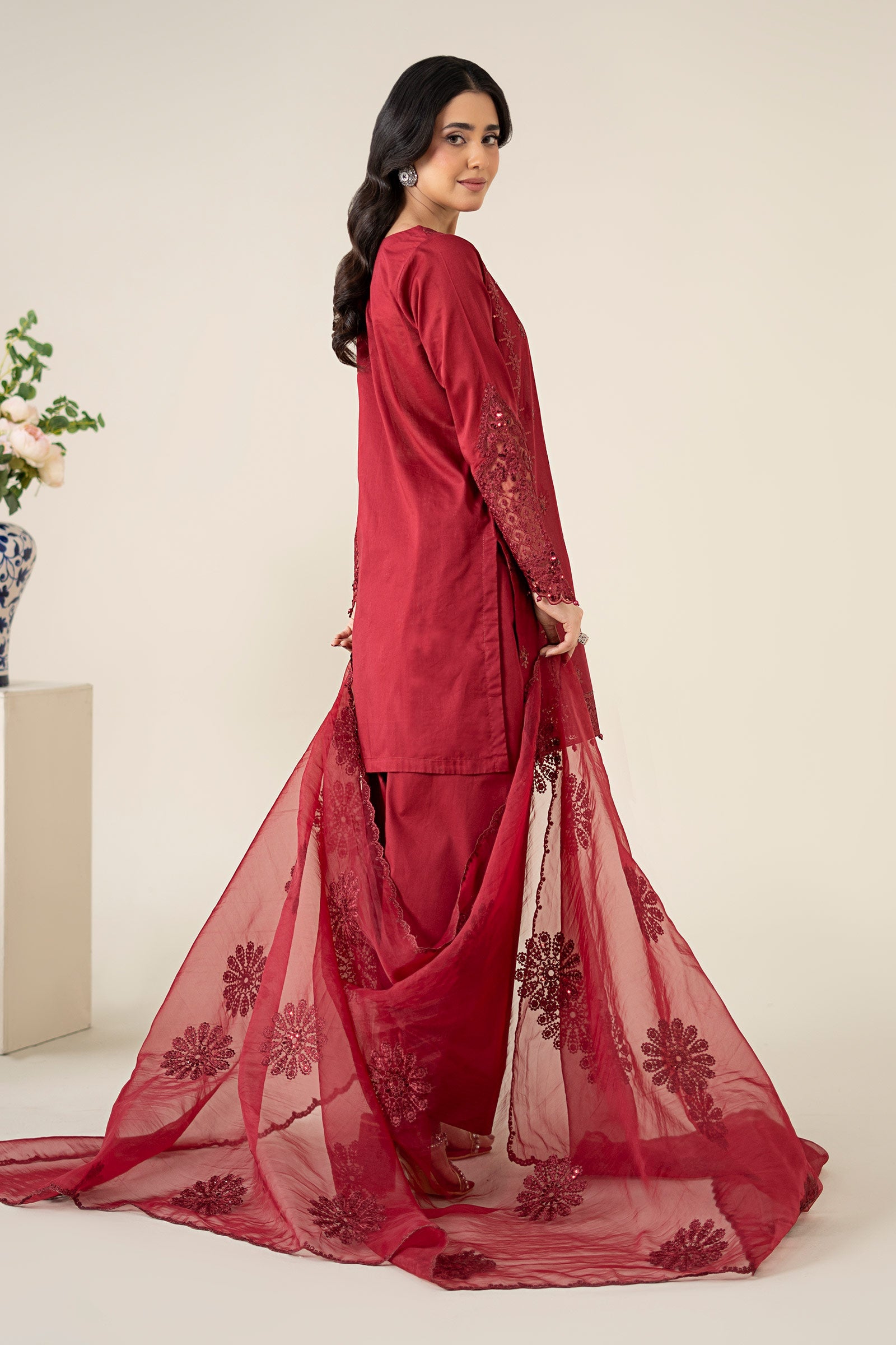 Pakistani Maroon Embroidered Dobby Salwar Kameez (3-Piece) - Image 8
