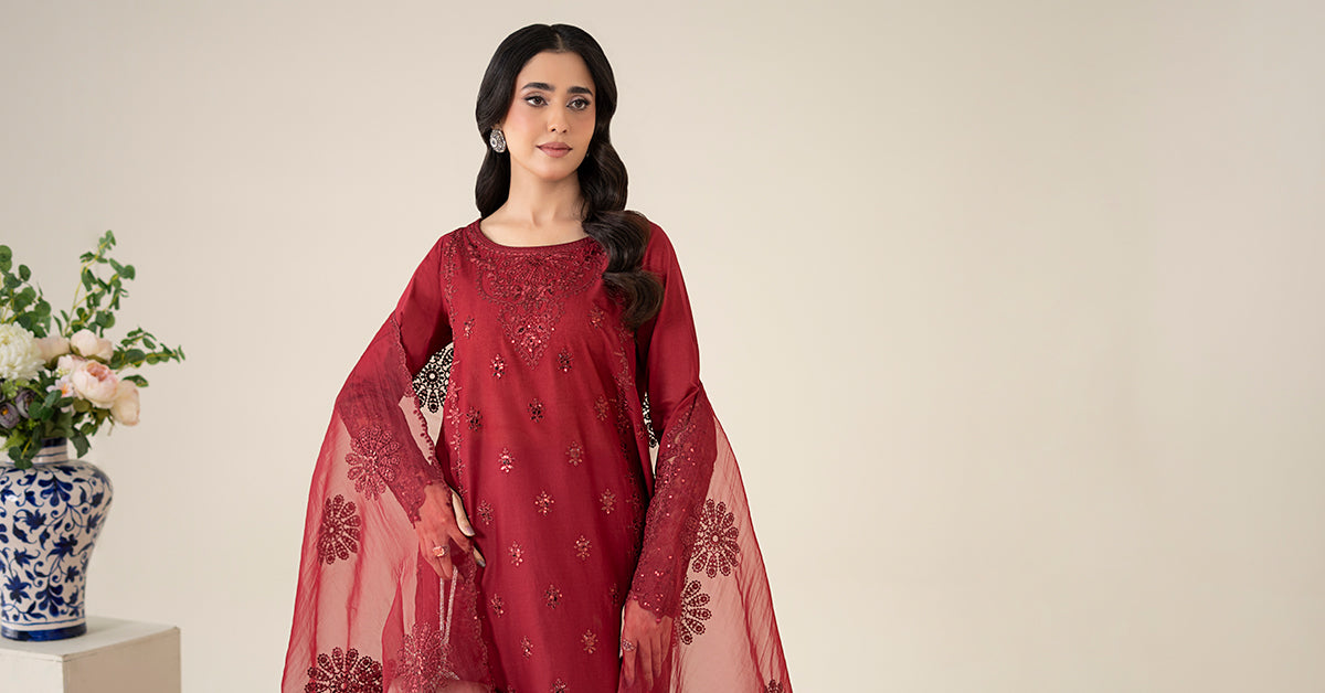 Pakistani Maroon Embroidered Dobby Salwar Kameez (3-Piece) - Image 9