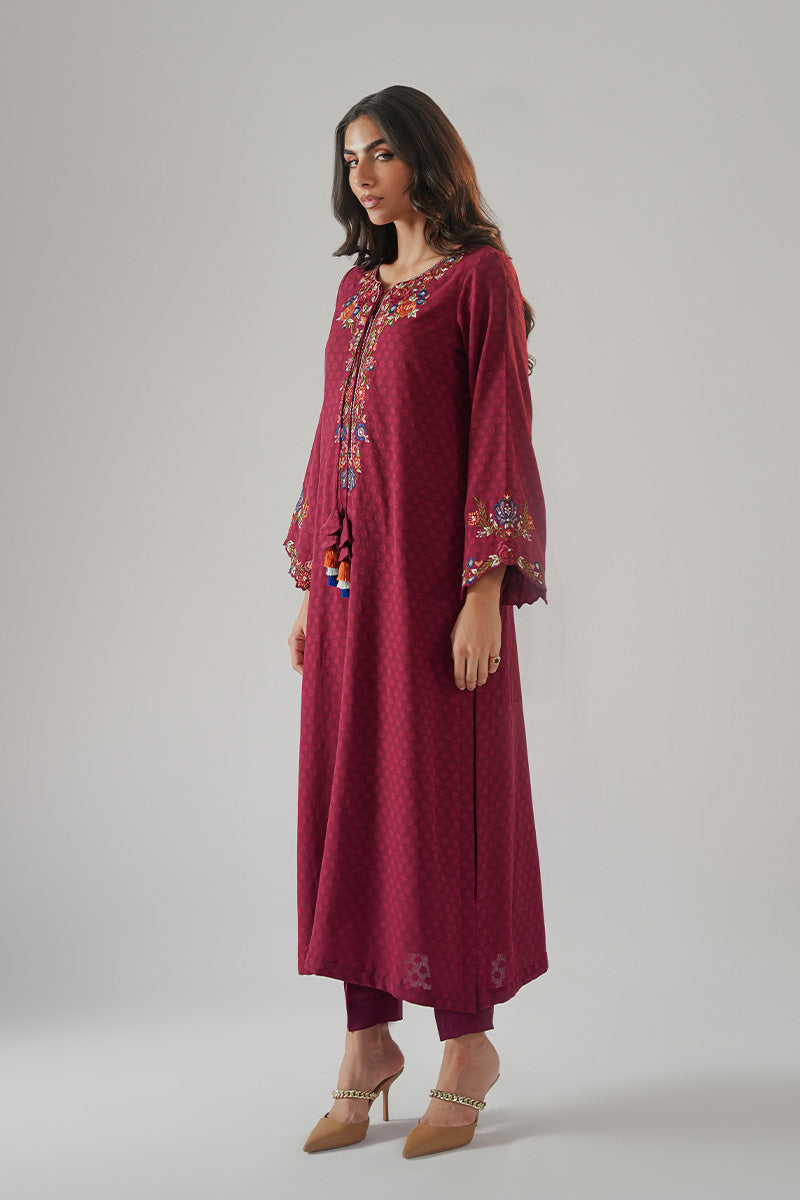 Maroon Embroidered Chiffon & Silk Kurta Set (2-Piece) - Image 2