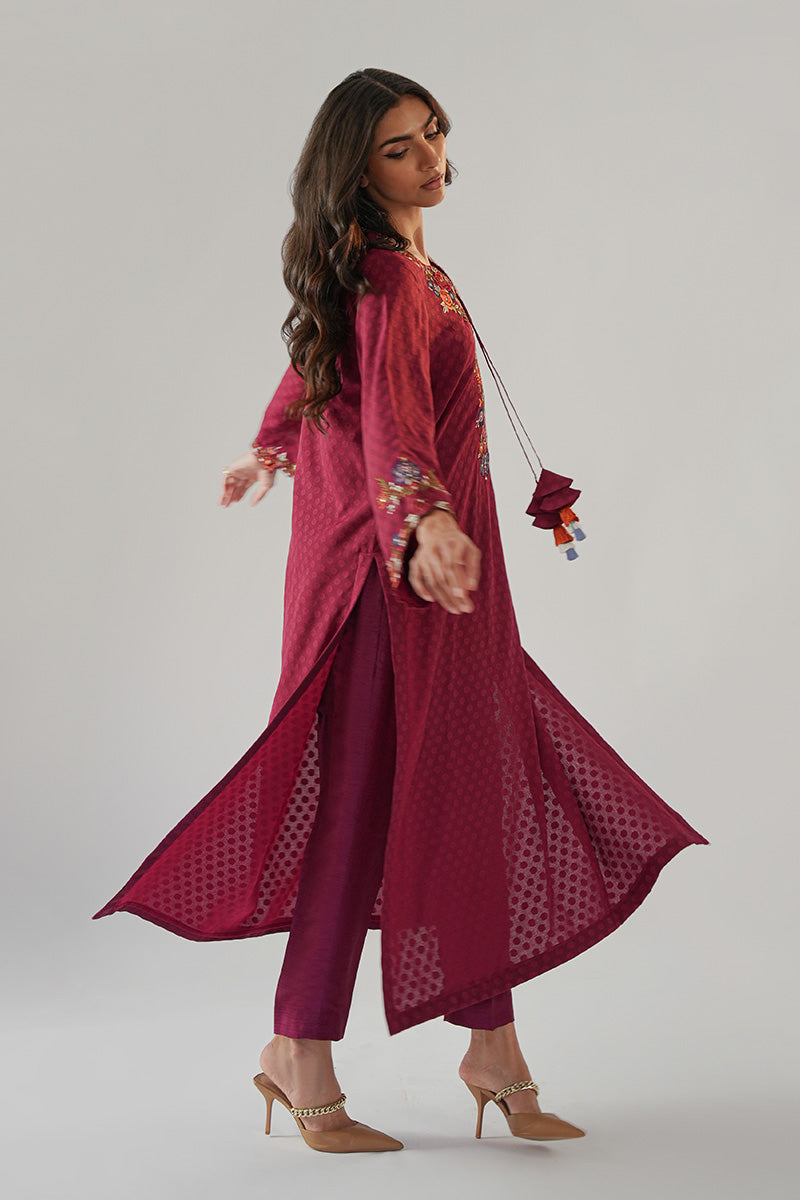 Maroon Embroidered Chiffon & Silk Kurta Set (2-Piece) - Image 3