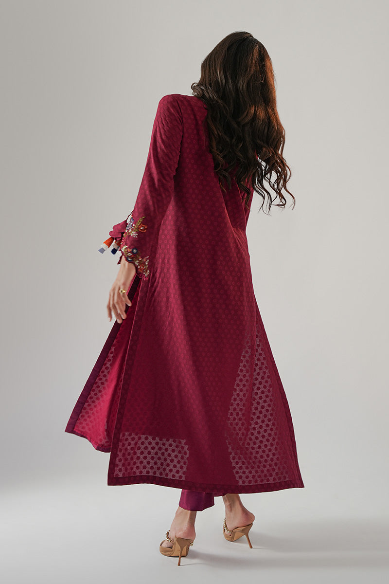 Maroon Embroidered Chiffon & Silk Kurta Set (2-Piece) - Image 4