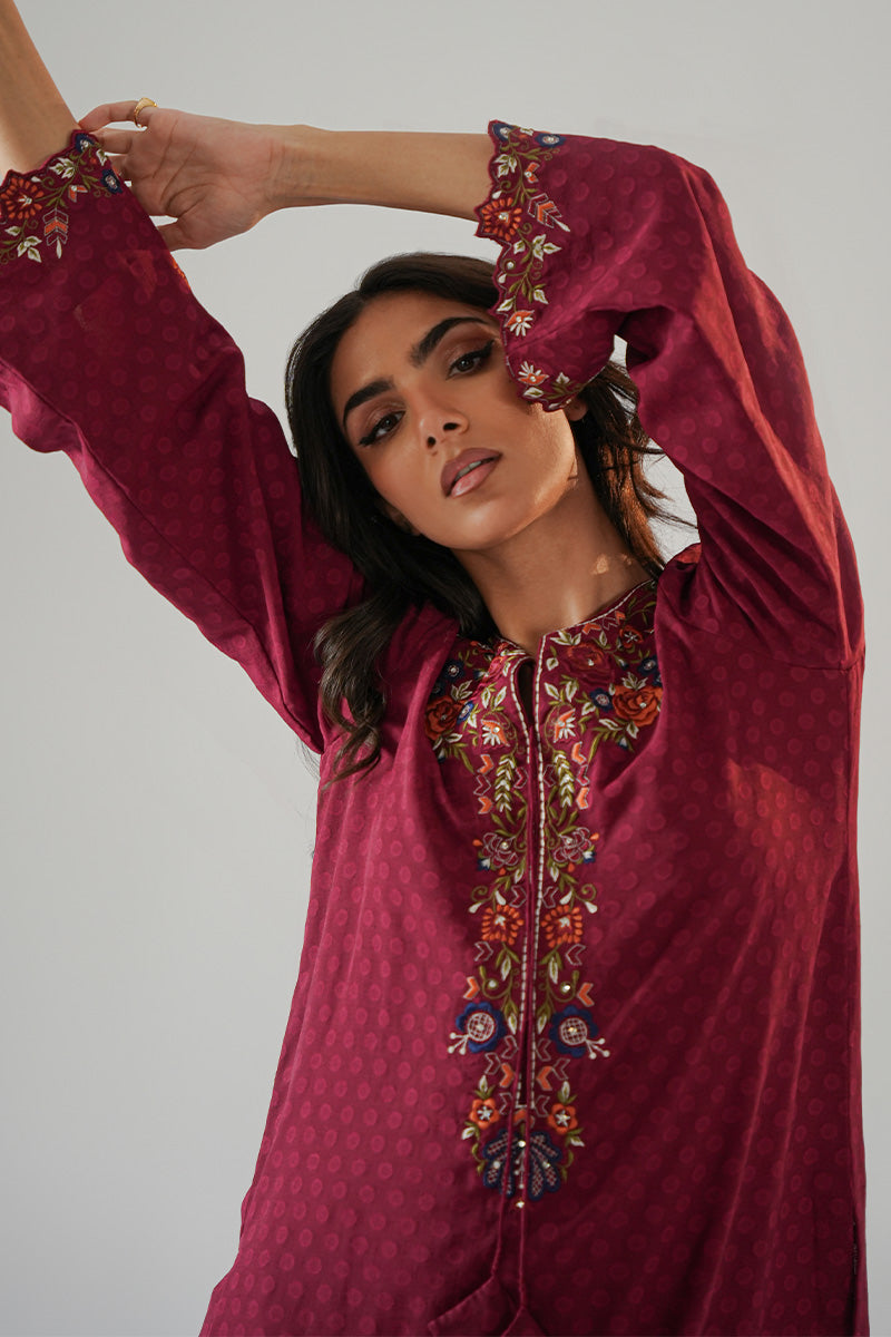 Maroon Embroidered Chiffon & Silk Kurta Set (2-Piece) - Image 5