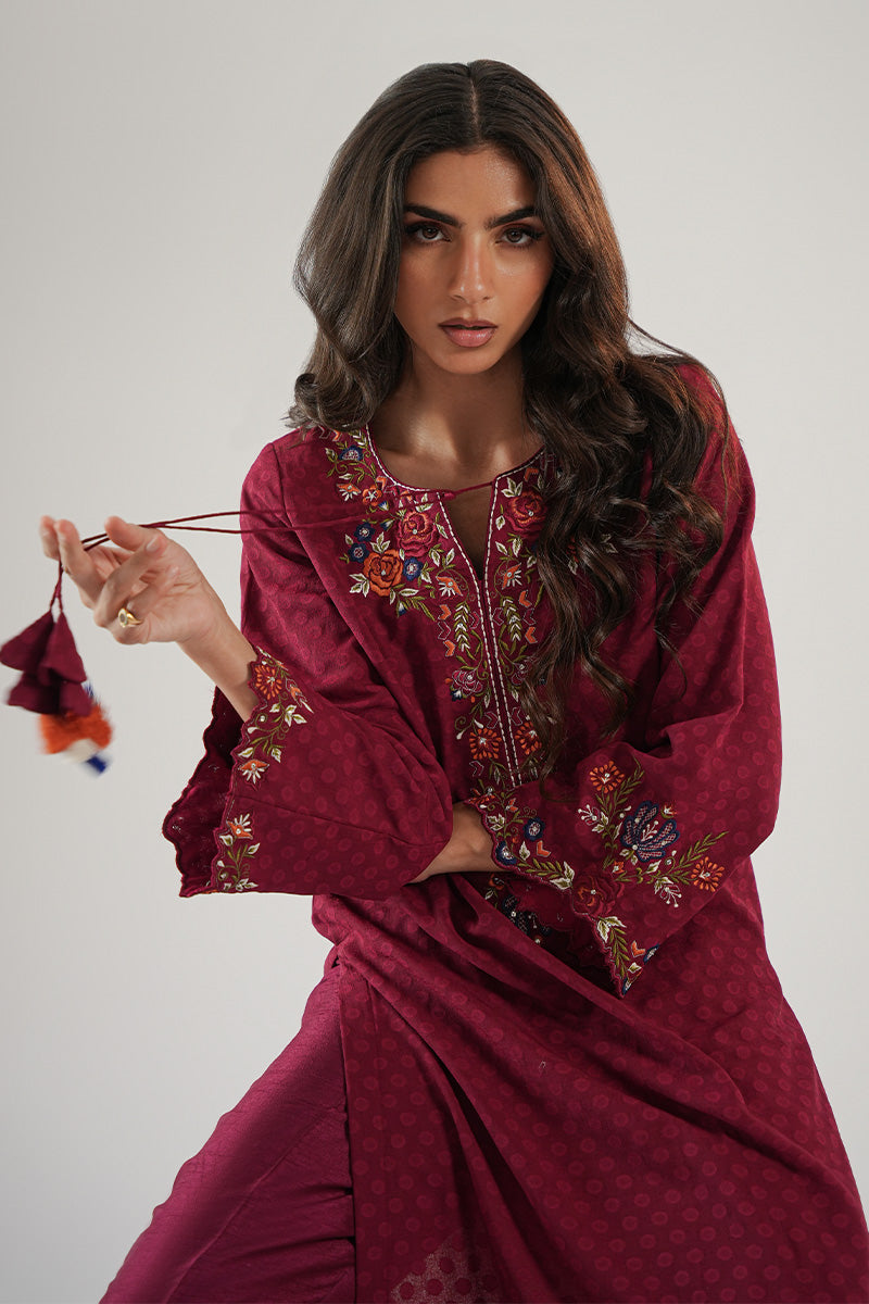 Maroon Embroidered Chiffon & Silk Kurta Set (2-Piece) - Image 7