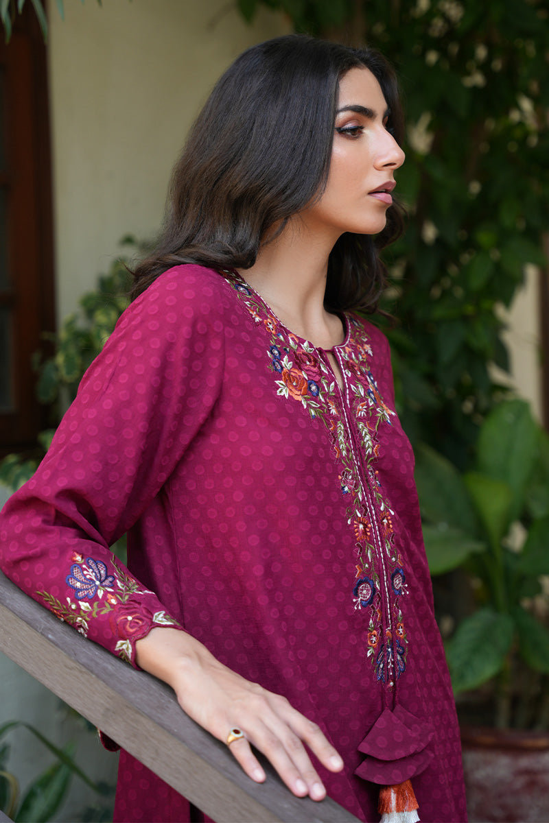 Maroon Embroidered Chiffon & Silk Kurta Set (2-Piece) - Image 8