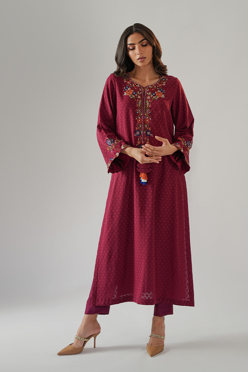 Pakistani Maroon Embroidered Chiffon & Silk Kurta (2-Piece) - Image 1