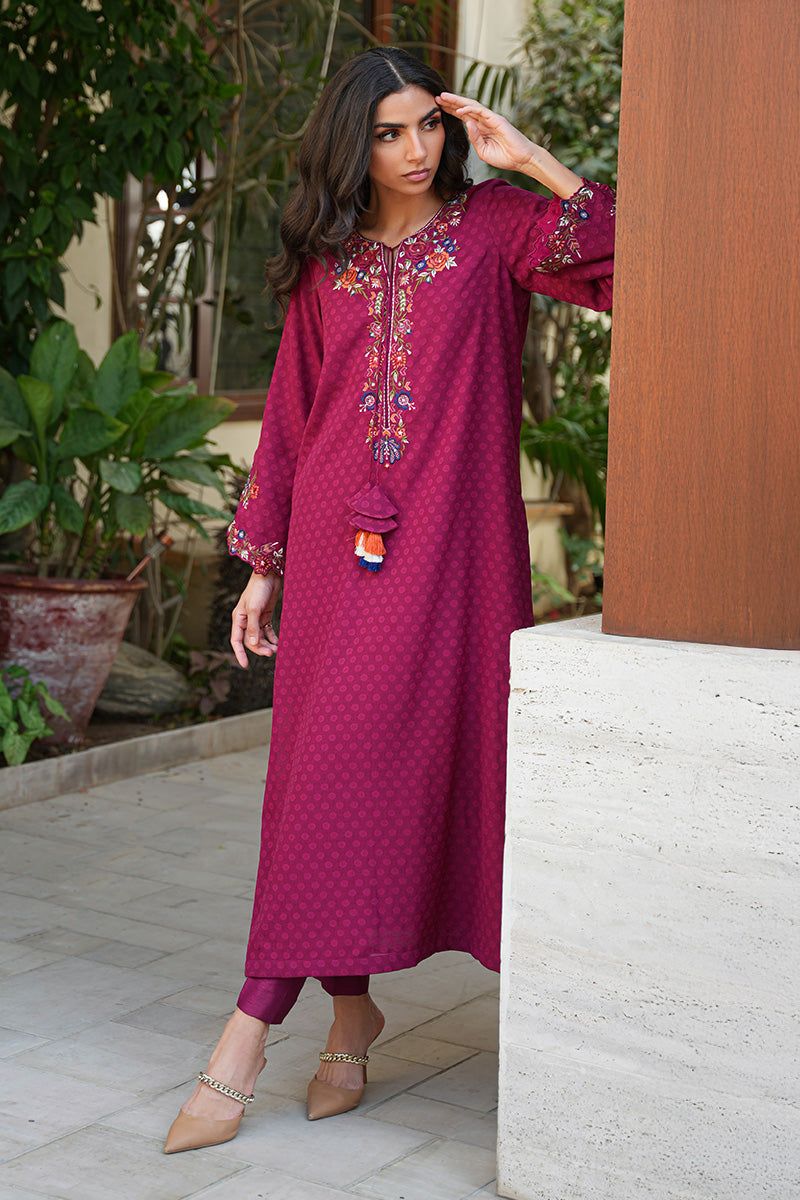 Pakistani Maroon Embroidered Chiffon & Silk Kurta (2-Piece) - Image 11