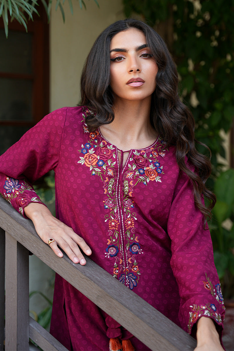 Pakistani Maroon Embroidered Chiffon & Silk Kurta (2-Piece) - Image 9