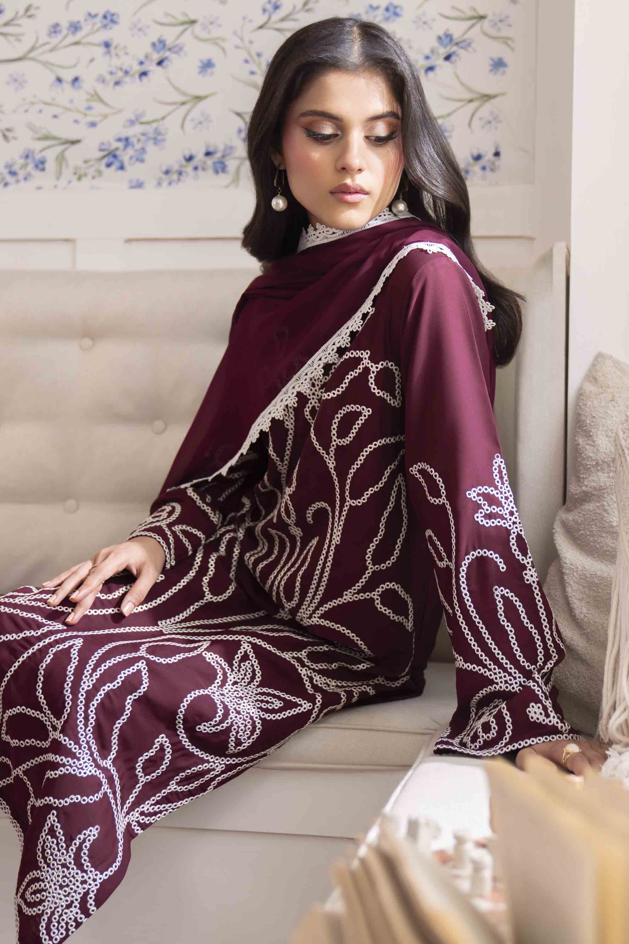 Pakistani Deep Maroon Embroidered Georgette Chiffon Salwar Kameez (3-Piece) - Image 3