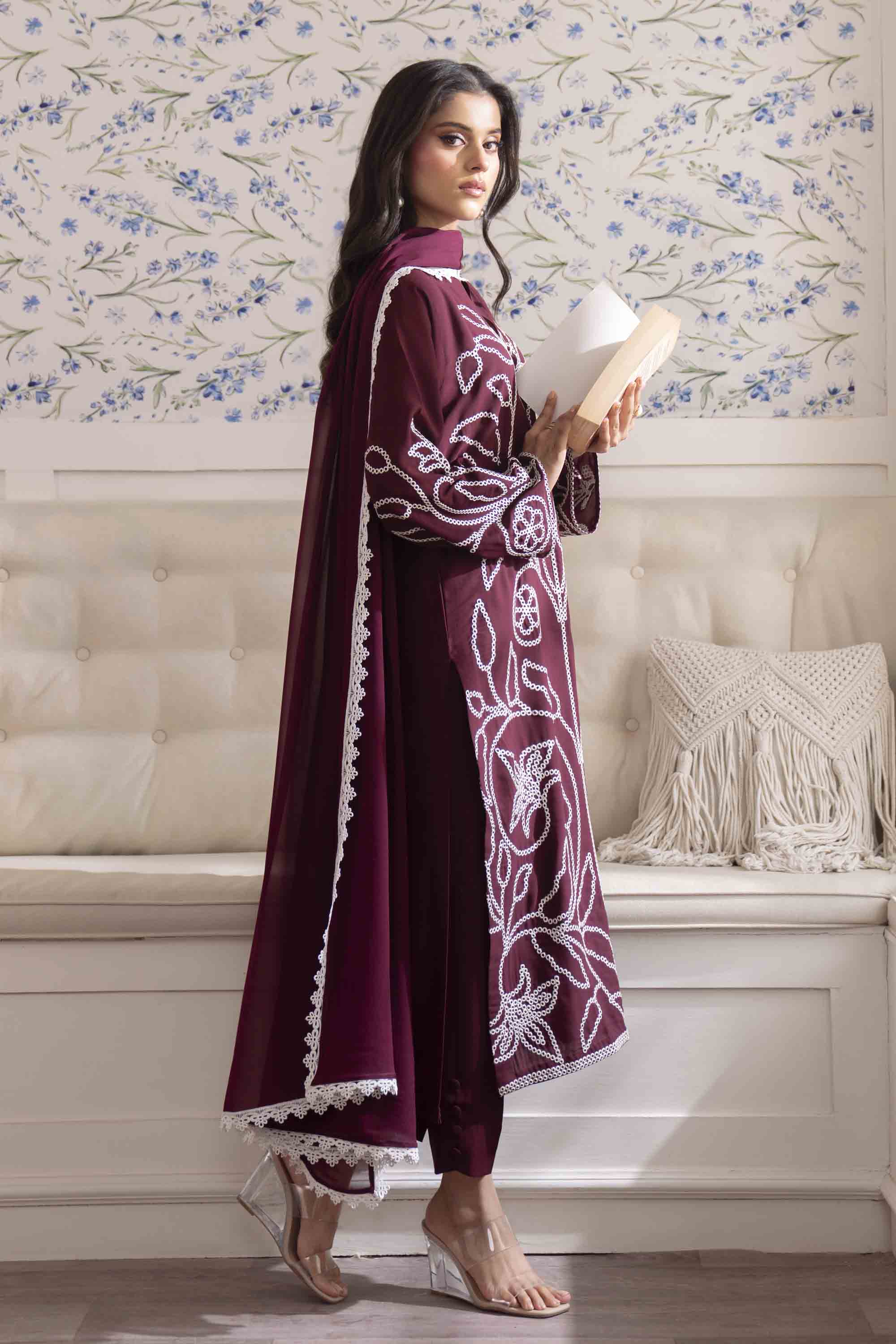 Pakistani Deep Maroon Embroidered Georgette Chiffon Salwar Kameez (3-Piece) - Image 4