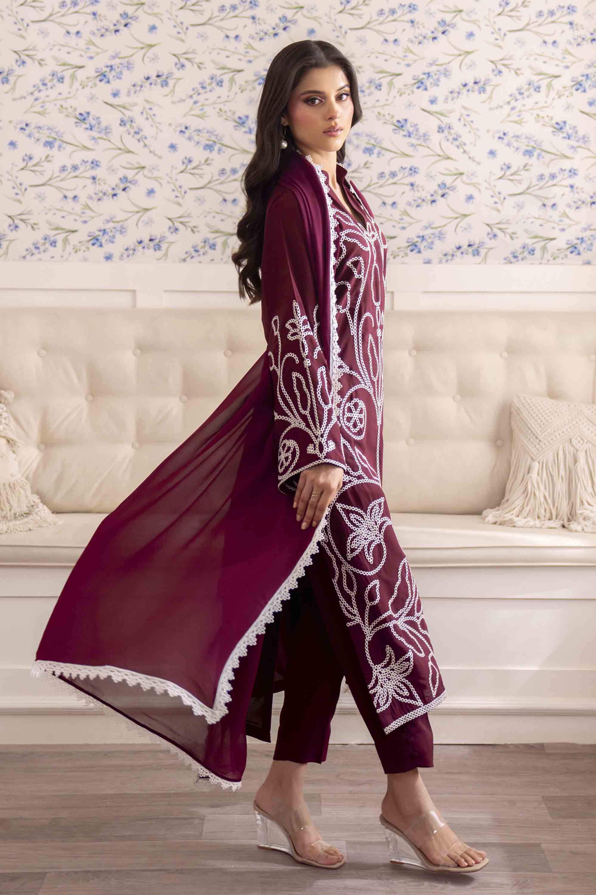 Pakistani Deep Maroon Embroidered Georgette Chiffon Salwar Kameez (3-Piece) - Image 6