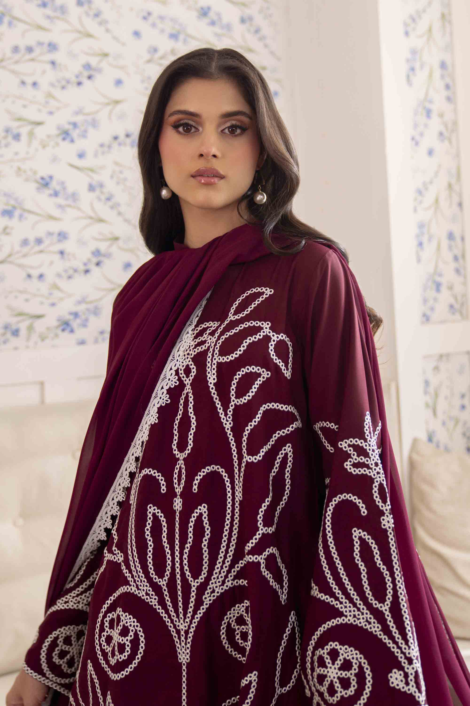 Pakistani Deep Maroon Embroidered Georgette Chiffon Salwar Kameez (3-Piece) - Image 7