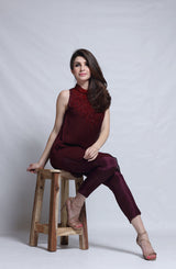 Maroon Crystal Embellished Georgette Tunic & Raw Silk Pants (2-Piece) - Image 3