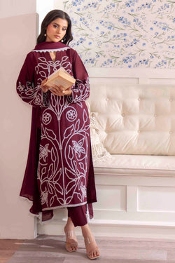Deep Maroon Embroidered Georgette Chiffon Salwar Kameez (3-Piece) - Image 1