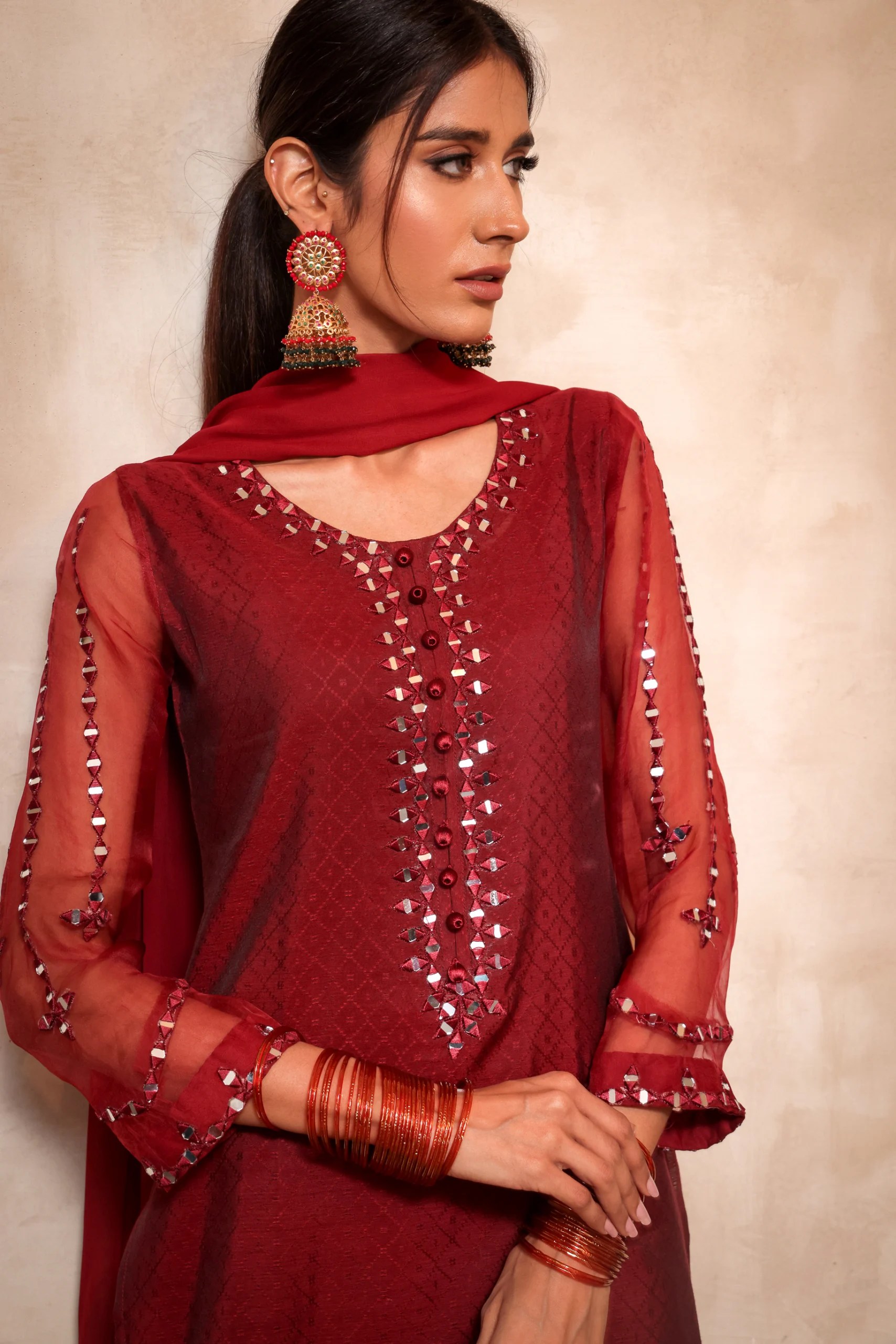 Pakistani Burgundy Mirror Work Jacquard Cotton Salwar Kameez (3-Piece) - Image 1