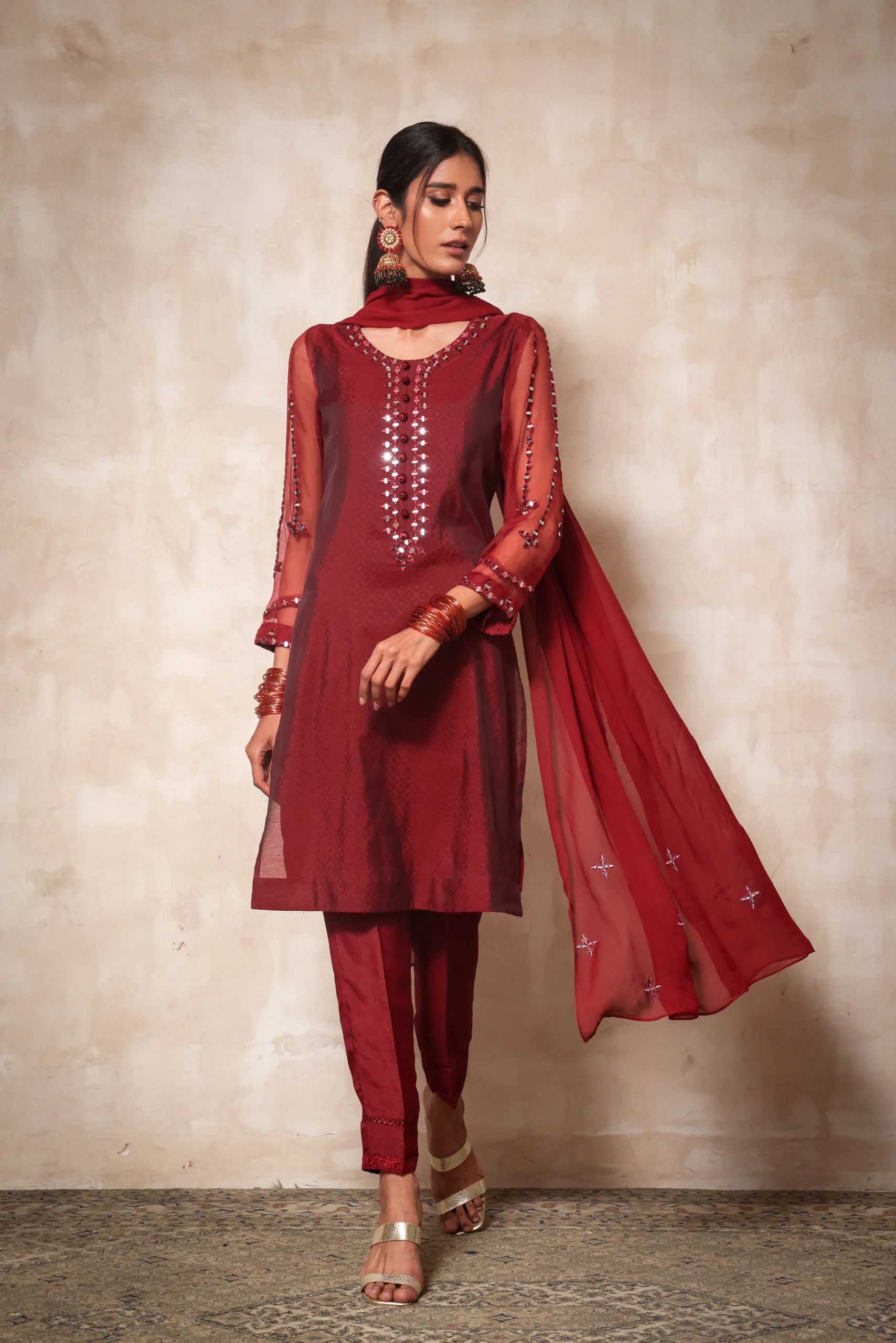 Pakistani Burgundy Mirror Work Jacquard Cotton Salwar Kameez (3-Piece) - Image 2