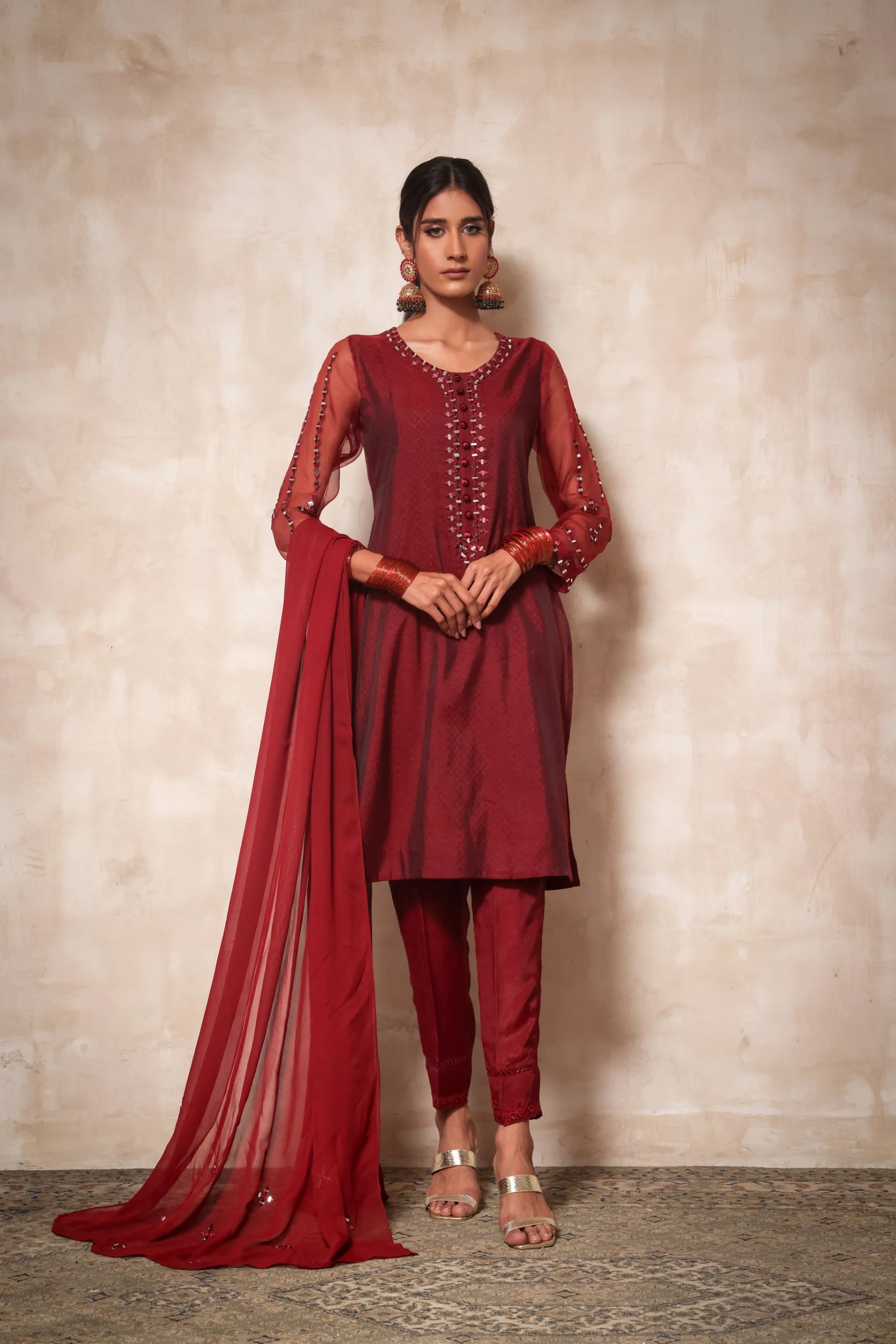 Pakistani Burgundy Mirror Work Jacquard Cotton Salwar Kameez (3-Piece) - Image 3