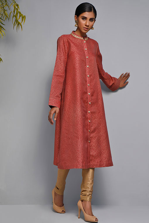 Maroon Embroidered Jacquard Sherwani-Style Tunic (2-Piece) - Image 1
