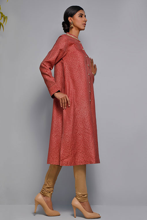 Maroon Embroidered Jacquard Sherwani-Style Tunic (2-Piece) - Image 3