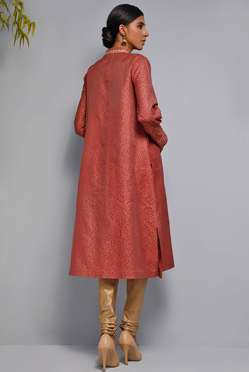 Maroon Embroidered Jacquard Sherwani-Style Tunic (2-Piece) - Image 4