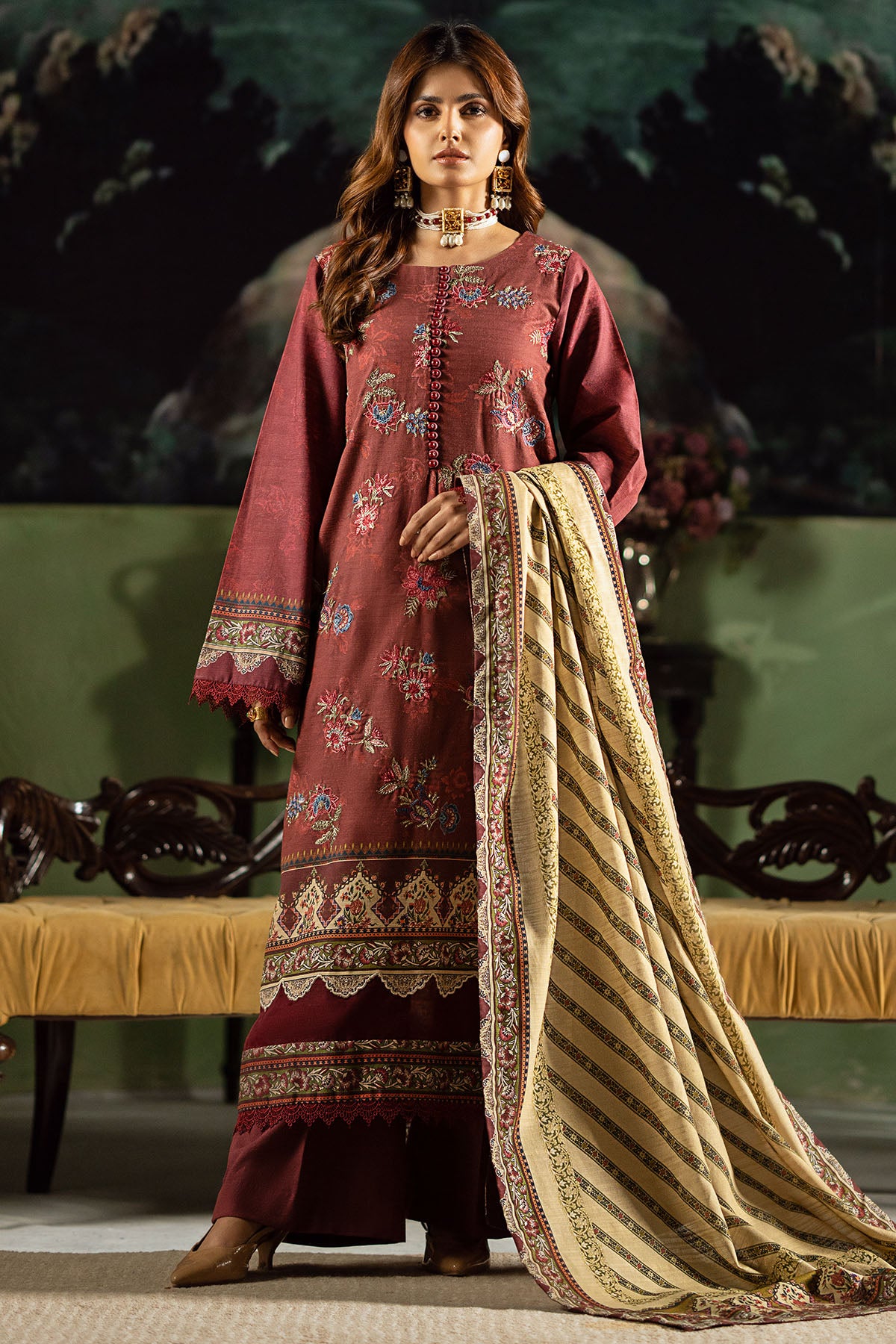 Pakistani Maroon Embroidered Khaddar Salwar Kameez (3-Piece) - Image 1