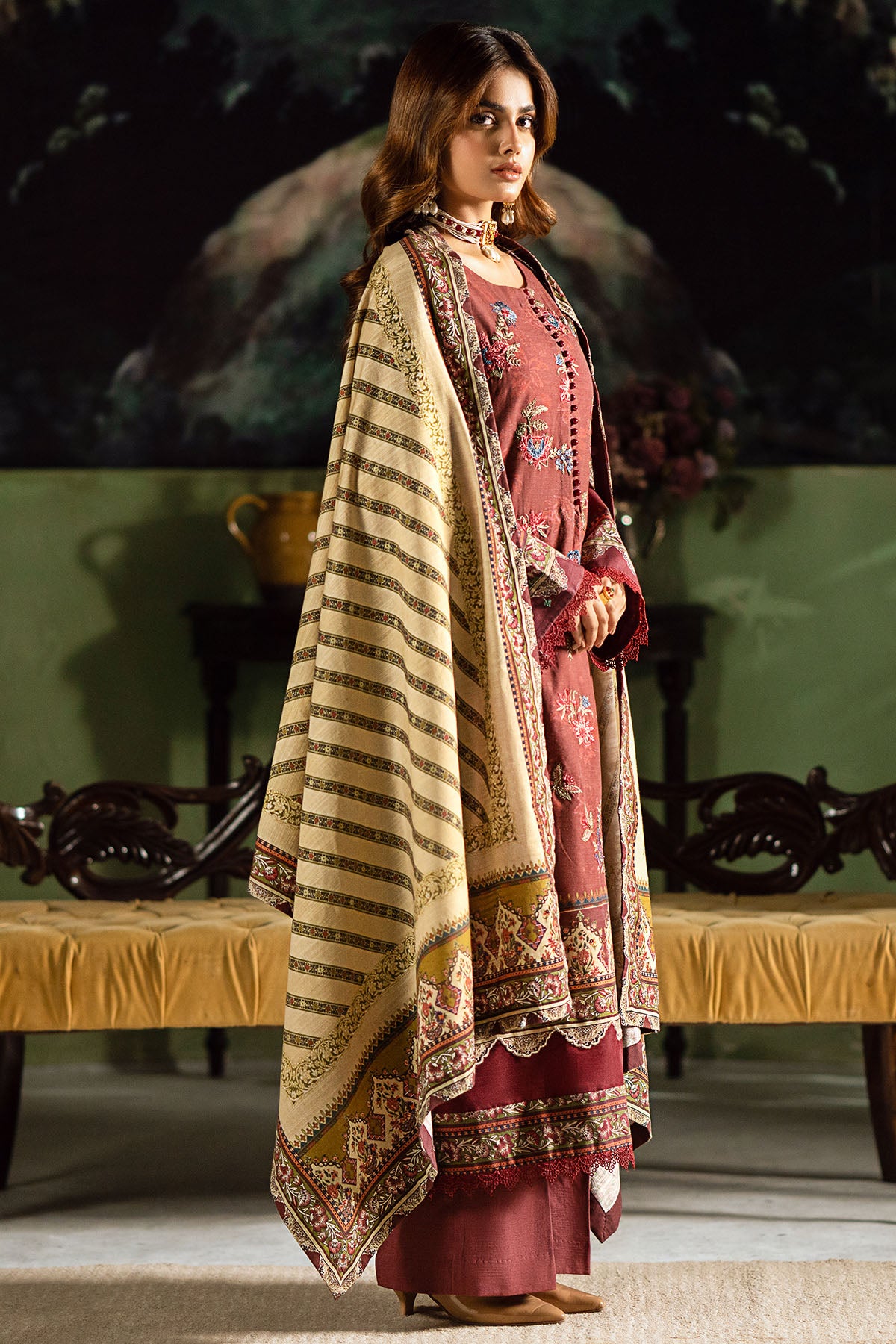 Pakistani Maroon Embroidered Khaddar Salwar Kameez (3-Piece) - Image 2