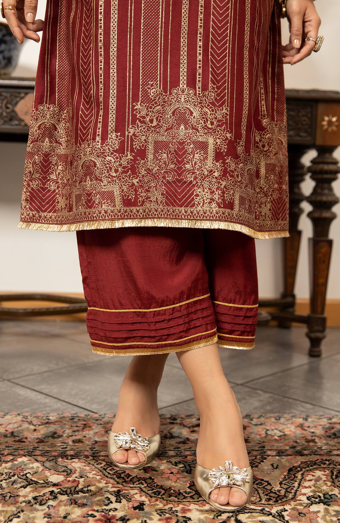 Pakistani Maroon Screen Printed Khaddi Net Salwar Kameez (3-Piece) - Image 1