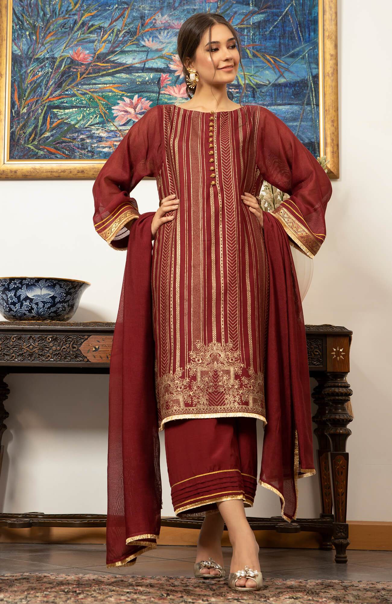Pakistani Maroon Screen Printed Khaddi Net Salwar Kameez (3-Piece) - Image 2