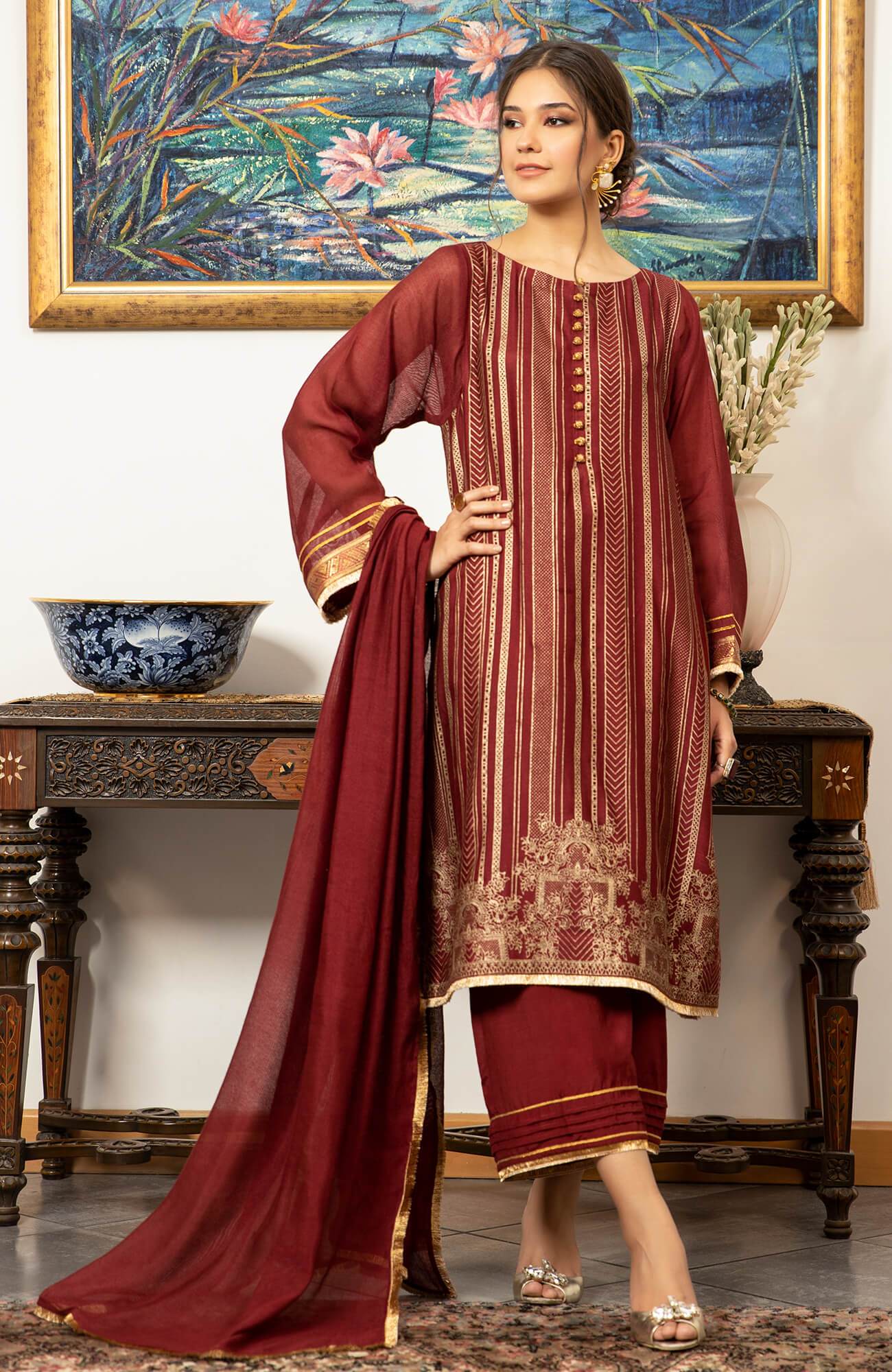 Pakistani Maroon Screen Printed Khaddi Net Salwar Kameez (3-Piece) - Image 3