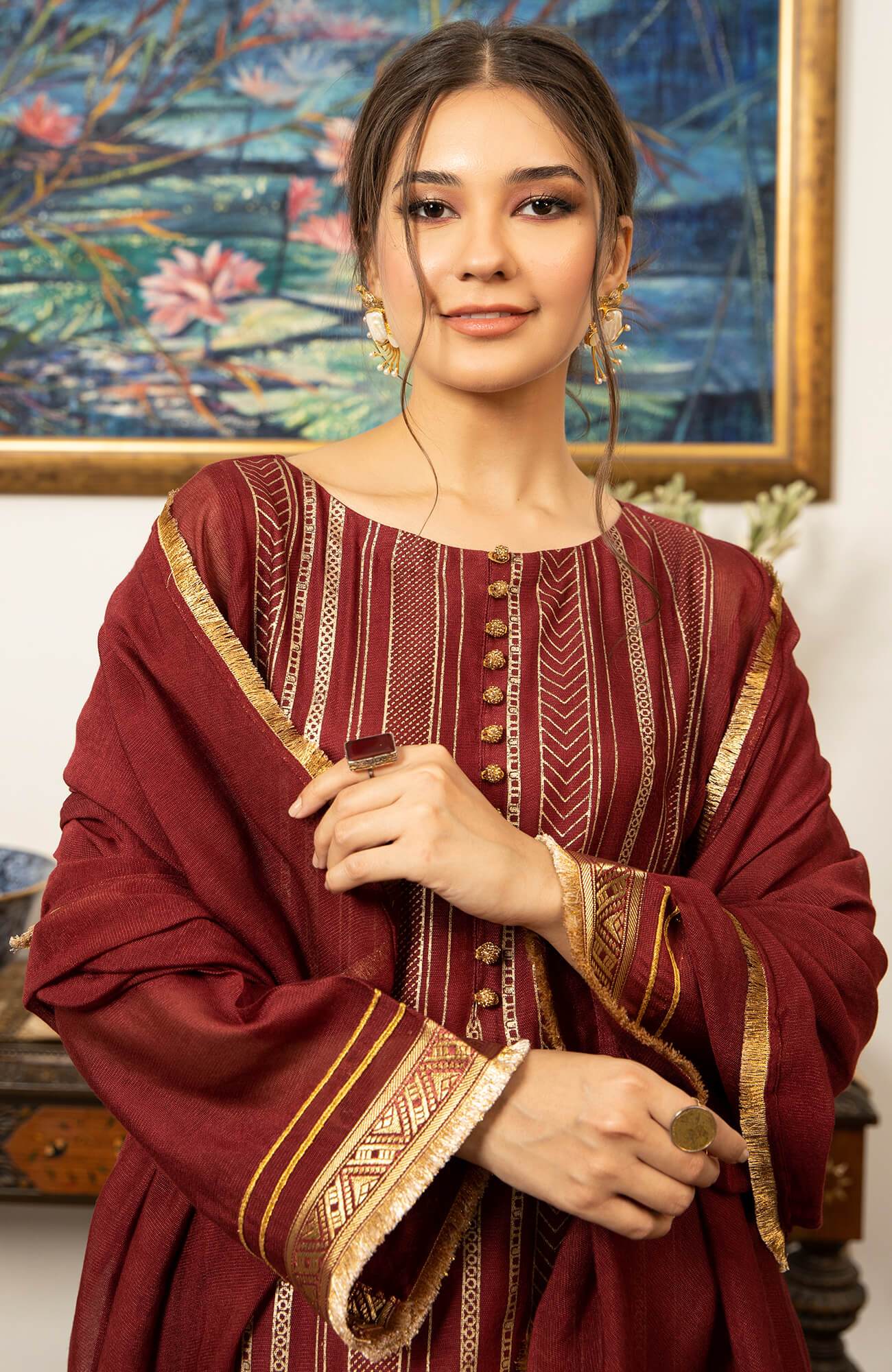 Pakistani Maroon Screen Printed Khaddi Net Salwar Kameez (3-Piece) - Image 5