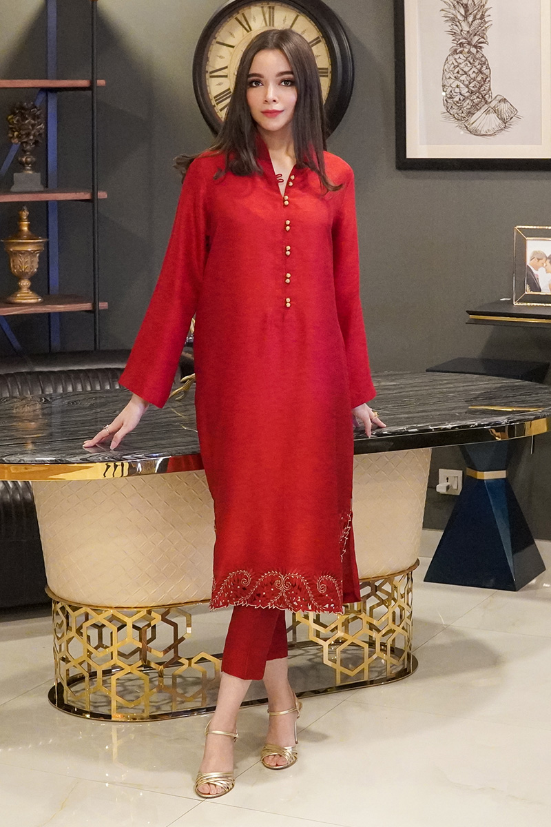 Pakistani Maroon Zari Cutwork Korean Raw Silk Salwar Kameez (2-Piece) - Image 1