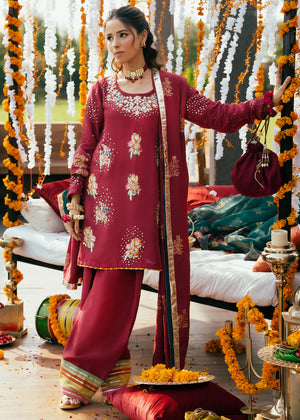 Maroon Embroidered Korean Silk Salwar Kameez (3-Piece) - Image 2