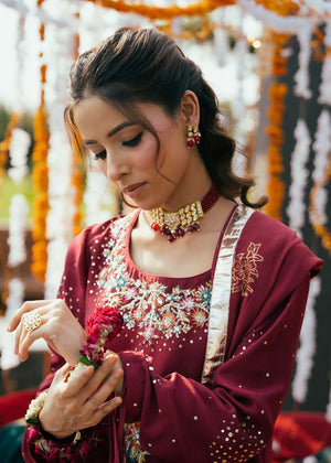 Maroon Embroidered Korean Silk Salwar Kameez (3-Piece) - Image 3