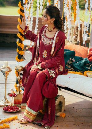 Maroon Embroidered Korean Silk Salwar Kameez (3-Piece) - Image 4