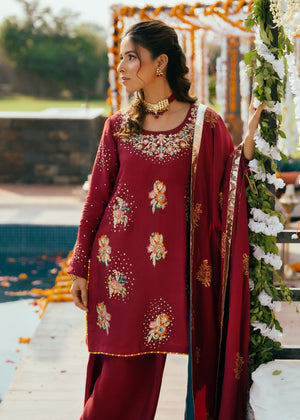 Maroon Embroidered Korean Silk Salwar Kameez (3-Piece) - Image 5