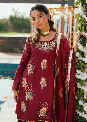 Maroon Embroidered Korean Silk Salwar Kameez (3-Piece) - Image 6