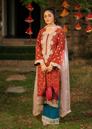 Pakistani Maroon Naqshi Dabka Korean Silk Salwar Kameez (3-Piece) - Image 4