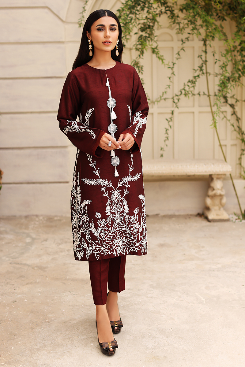Burgundy Embroidered Korean Silk Salwar Kameez (3-Piece) - Image 1
