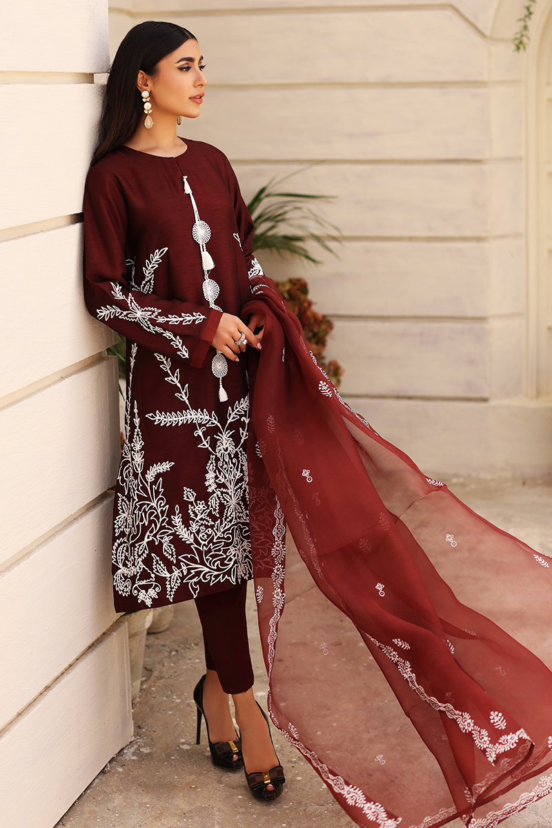 Burgundy Embroidered Korean Silk Salwar Kameez (3-Piece) - Image 2