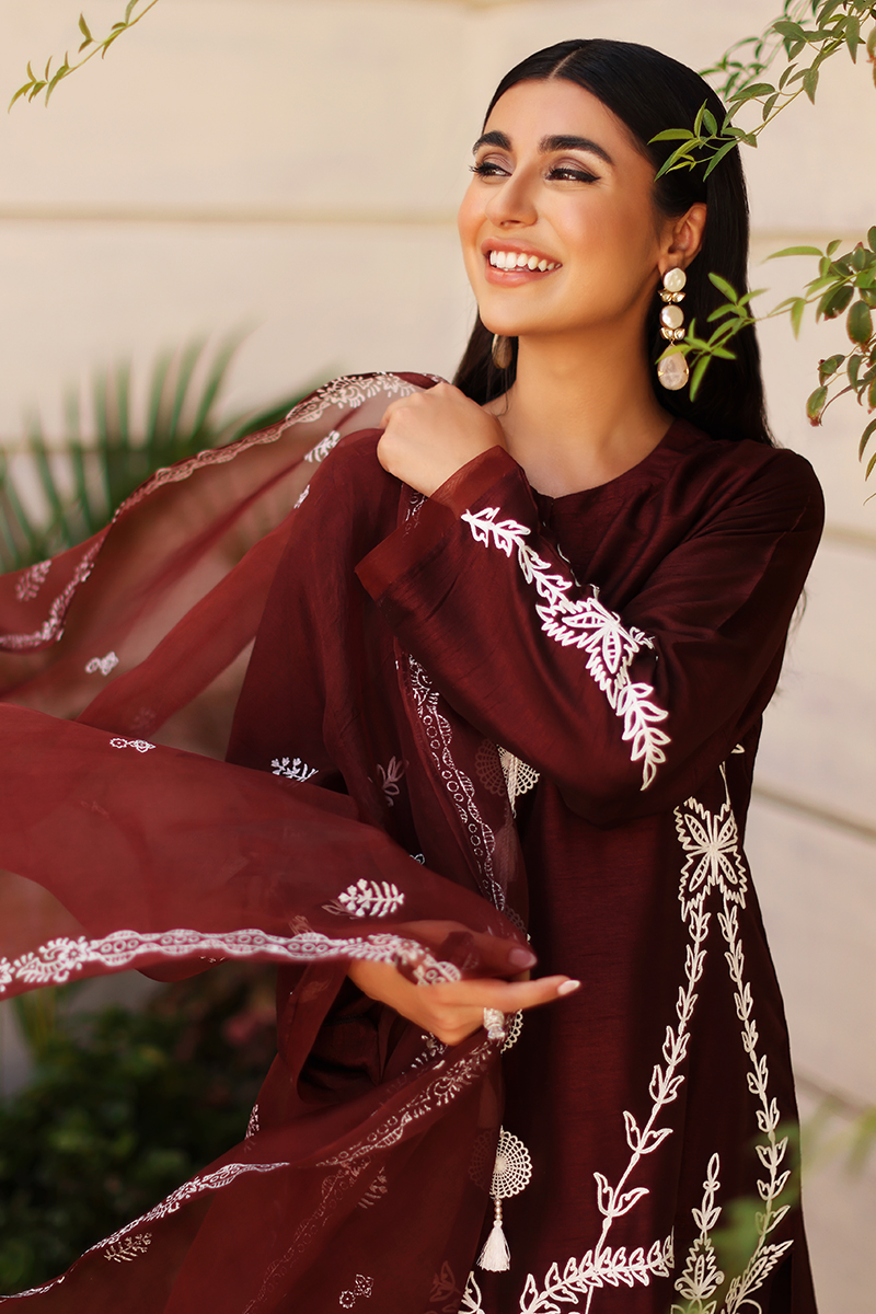 Burgundy Embroidered Korean Silk Salwar Kameez (3-Piece) - Image 3