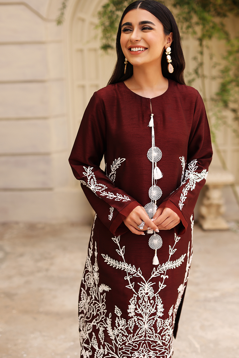 Burgundy Embroidered Korean Silk Salwar Kameez (3-Piece) - Image 4